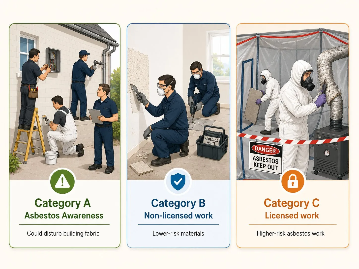 The three categories of asbestos work training: A, B and C