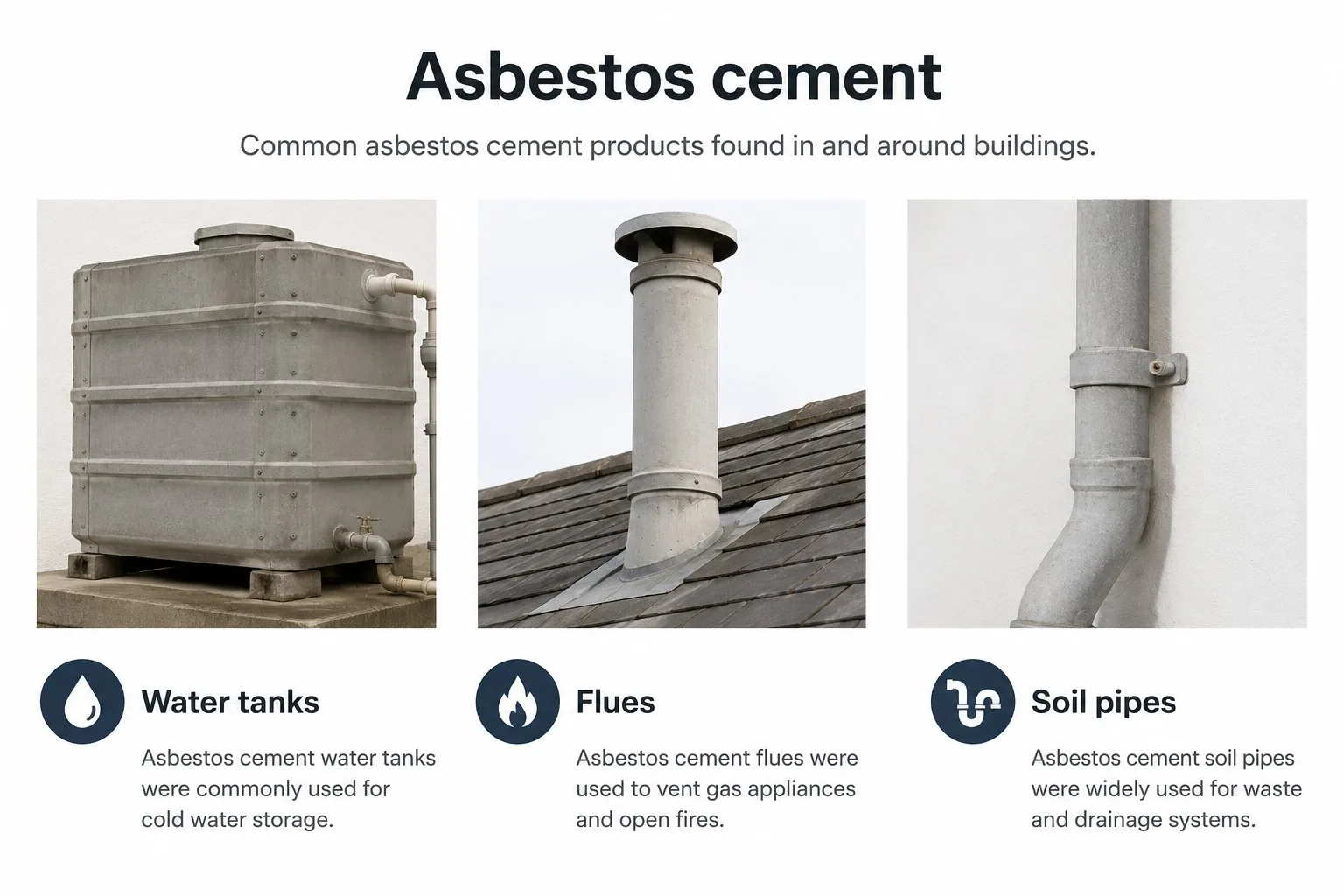 Asbestos cement water tanks, flues and soil pipes