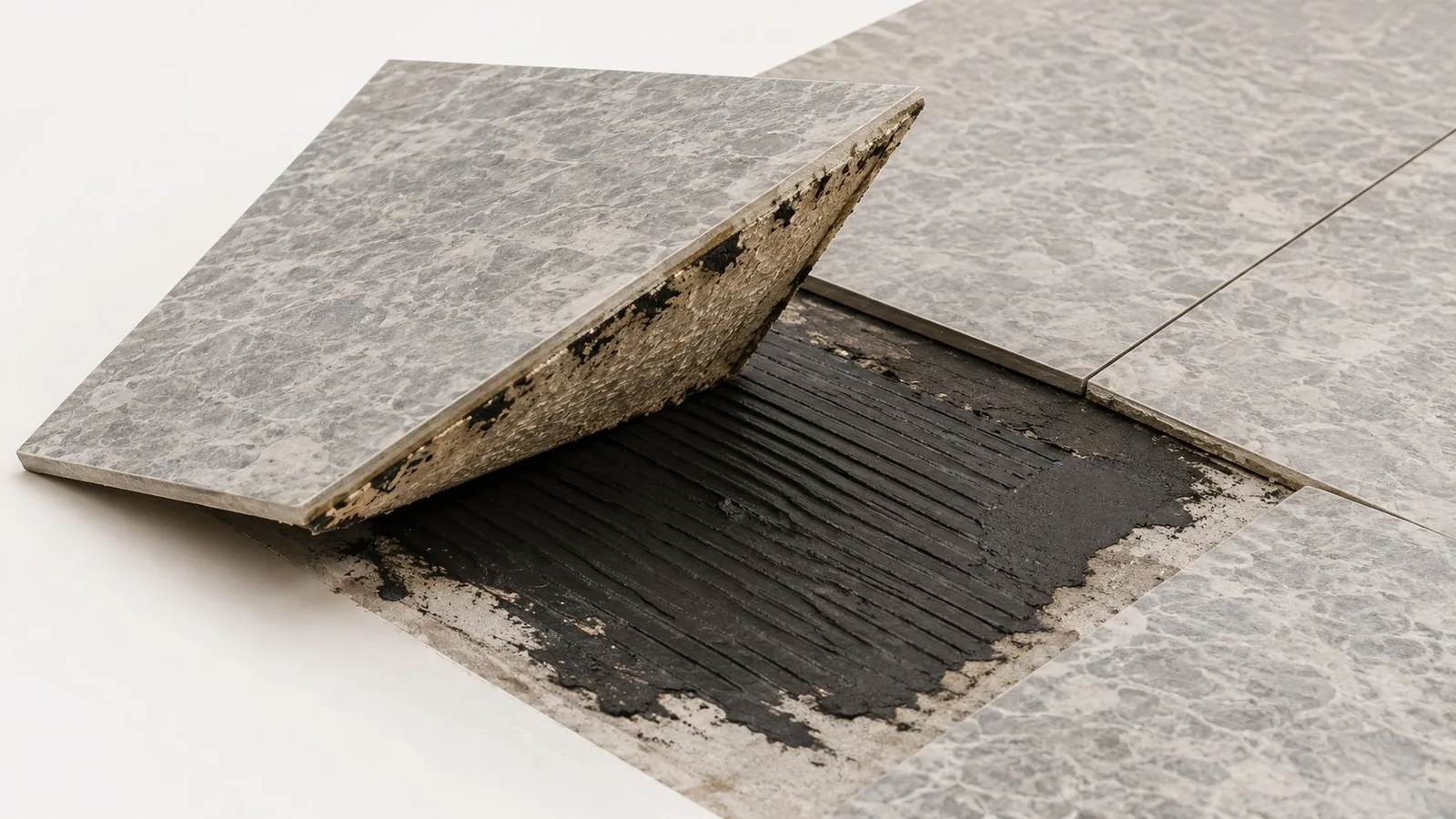 Asbestos floor tile and bitumen adhesive