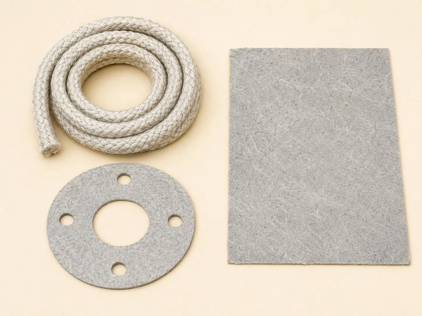 Asbestos rope, seal, gasket and paper
