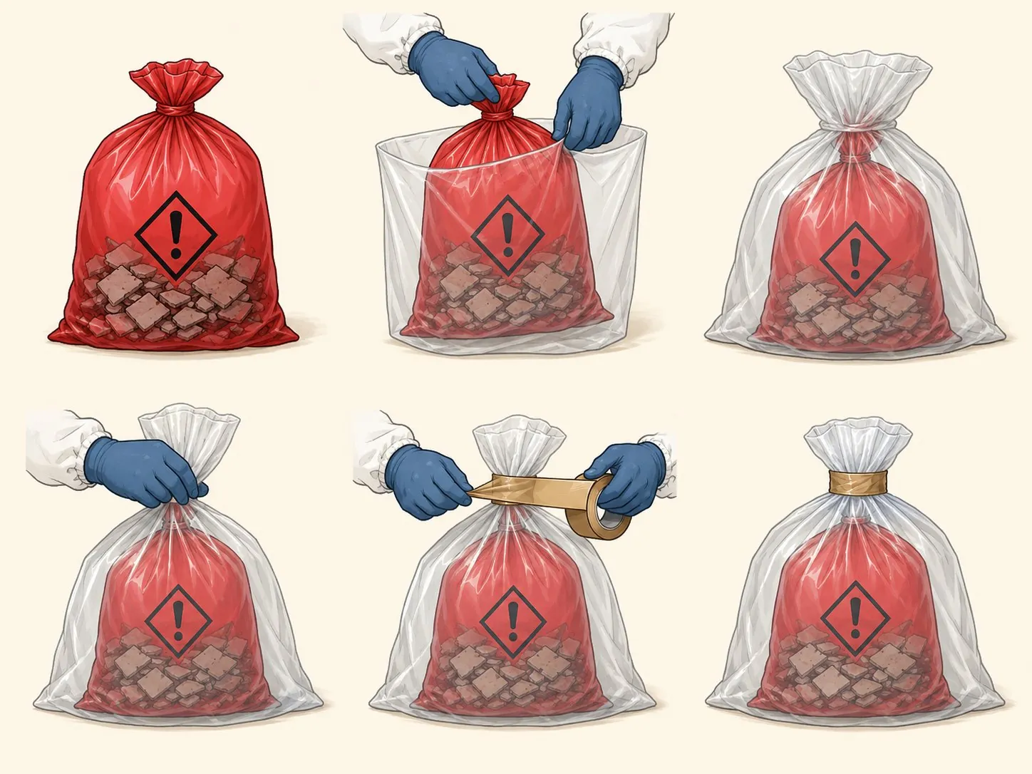 Steps for double-bagging asbestos waste using a red inner bag and a clear outer bag