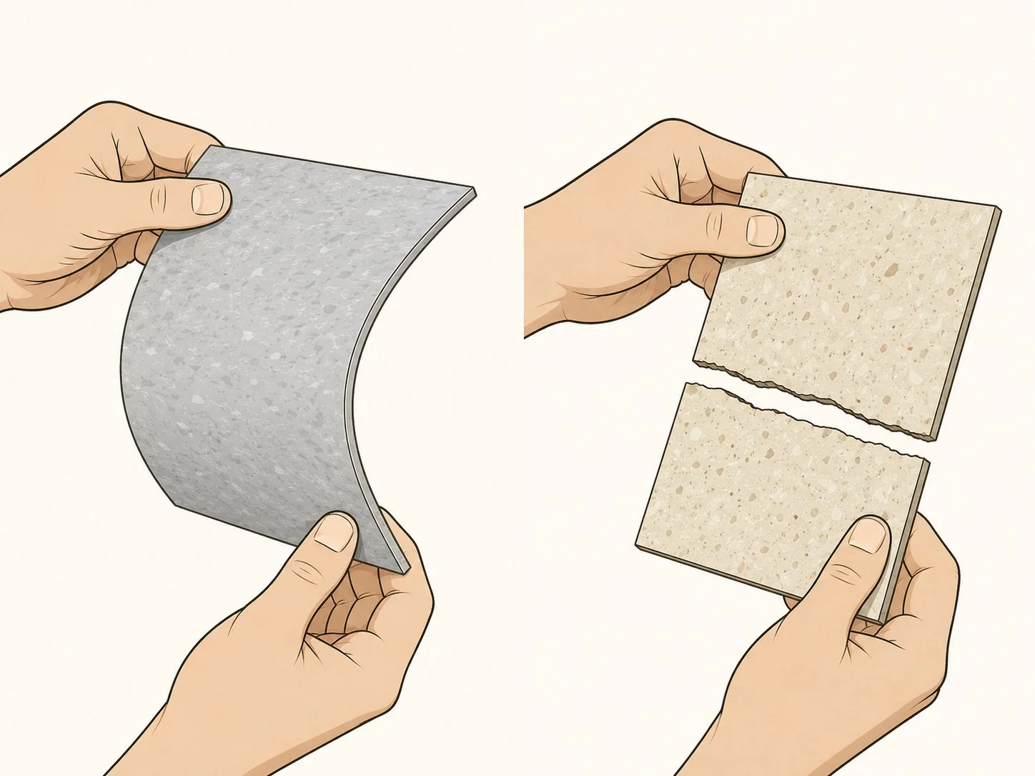 Comparison of a flexible modern tile against a brittle asbestos tile that snaps