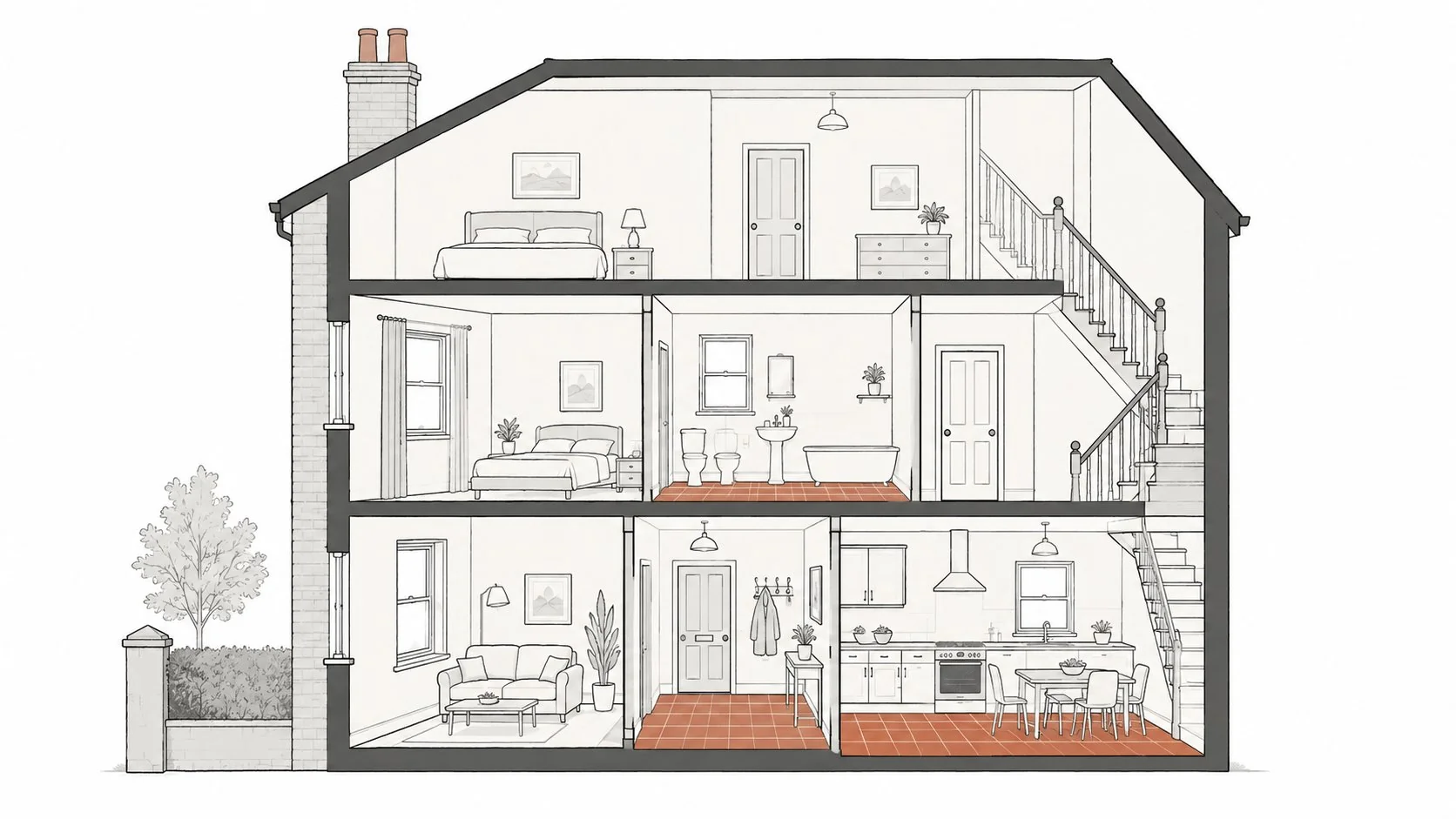 Cross-section of a house showing where asbestos floor tiles sit within the building