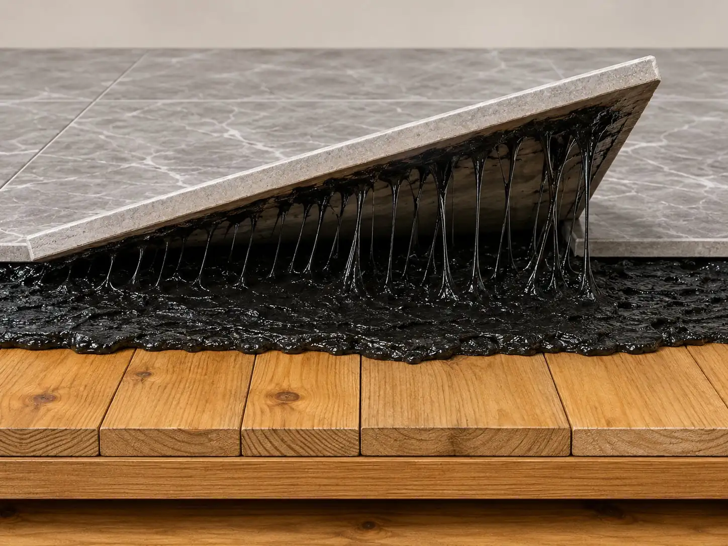 A floor tile being lifted to reveal black mastic adhesive on the subfloor