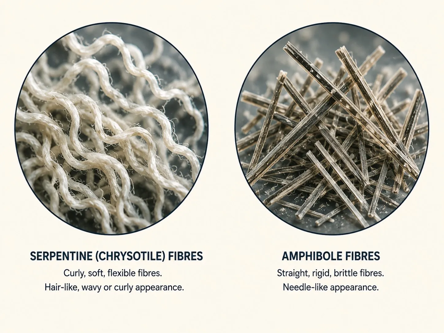 Diagram comparing curly serpentine asbestos fibres with straight needle-like amphibole asbestos fibres