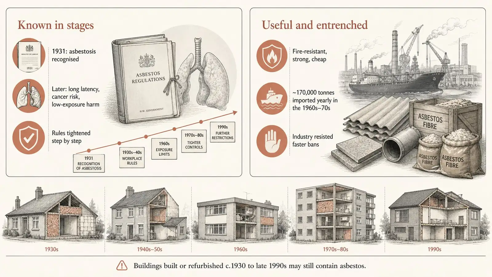 Diagram showing how the dangers of asbestos became known in stages