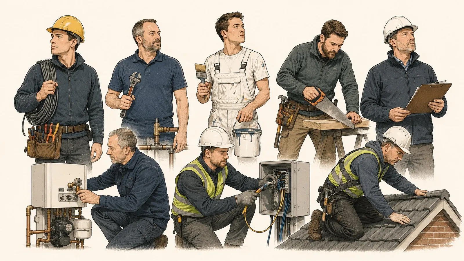 Tradespeople including an electrician, plumber and painter working on a building
