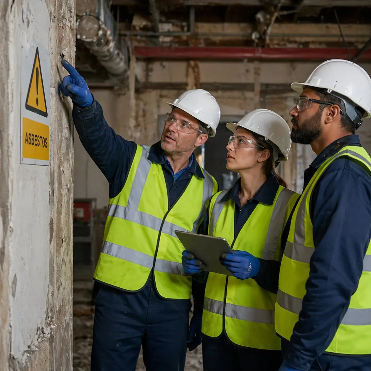 Worker in PPE inspecting asbestos containing materials on site